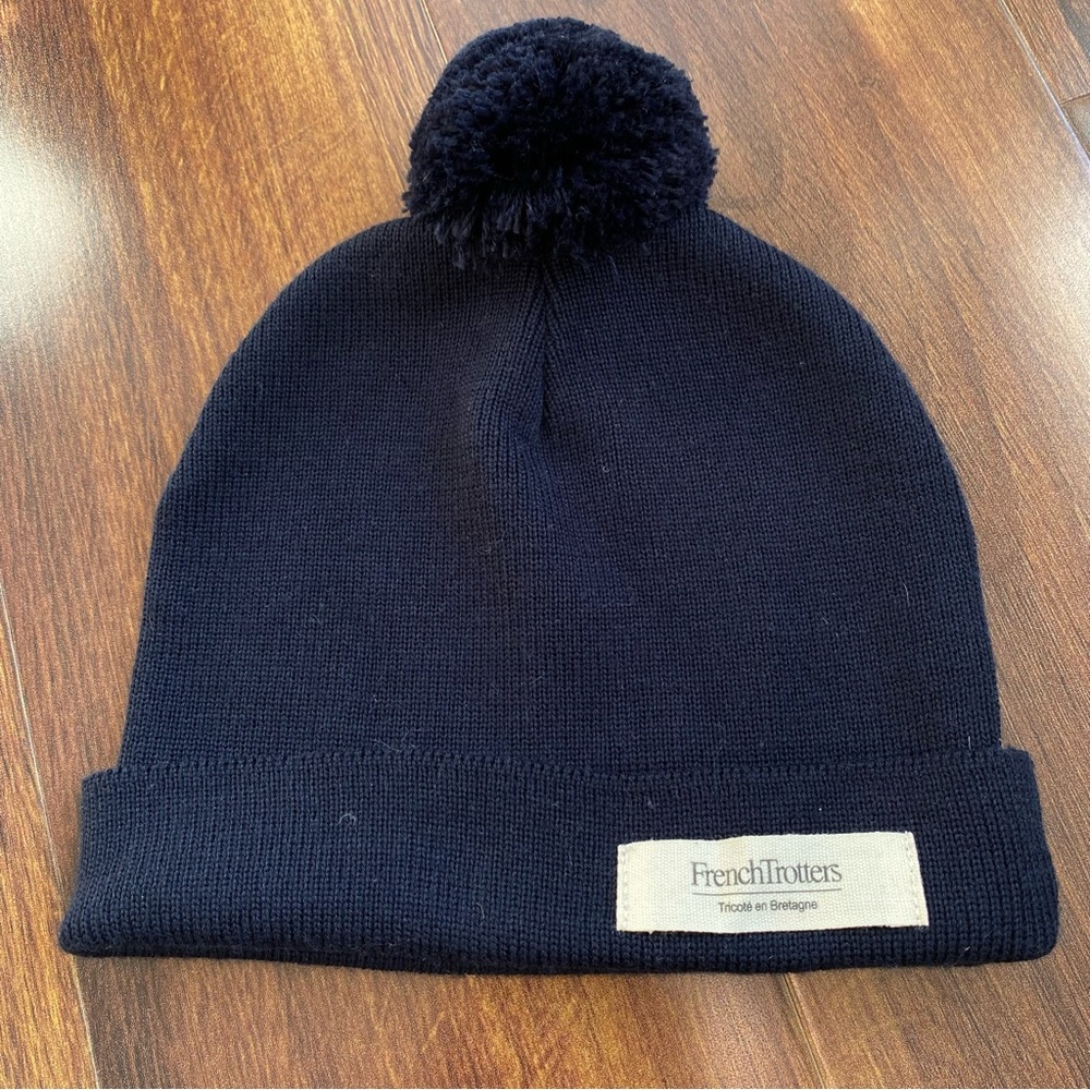 French Trotters Wool Acrylic Cuff Beanie Pom Pom Dark Navy Hat Made in France
